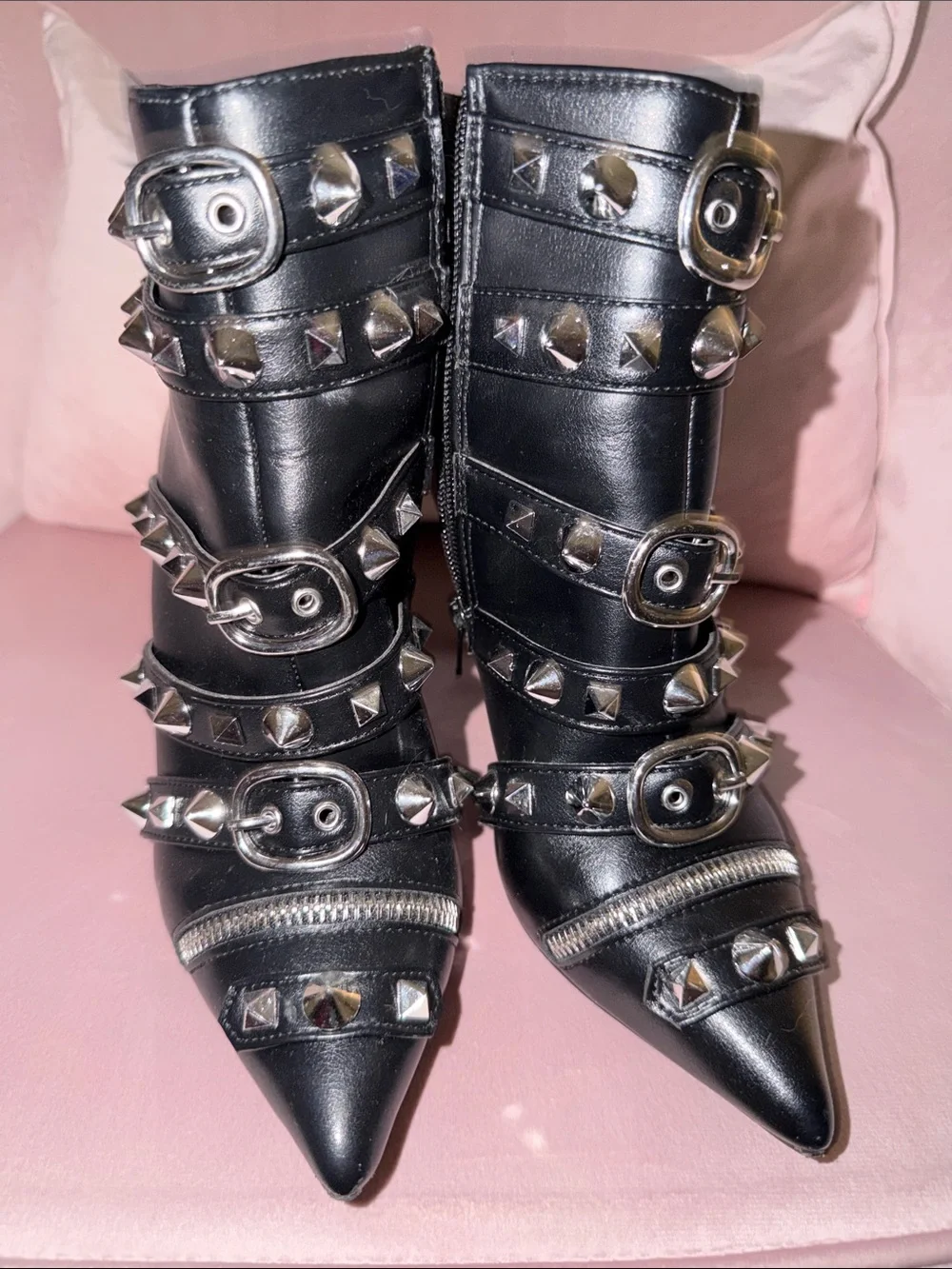Black Studded Pointed Ankle Boots with Buckles - Women